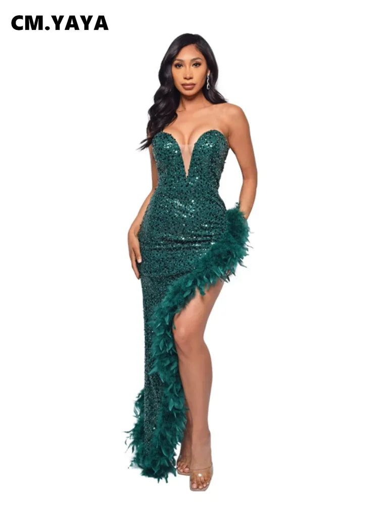 vestoraa cm.yaya sequined strapless feather - dress unisex outfit with precision in neutral metal (USA)