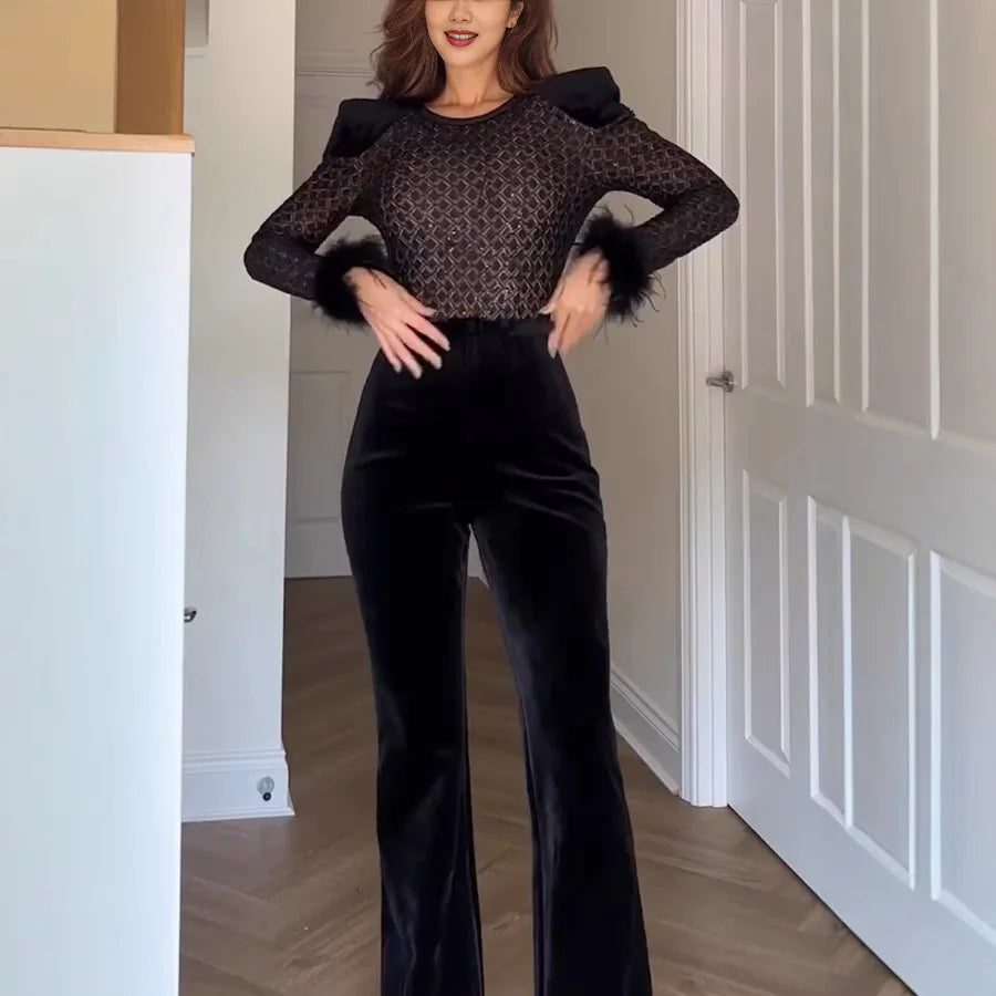 vestoraa 's long sleeve round neck gold velvet outfit detail - reliable design, precision, waterproof modern design (USA)