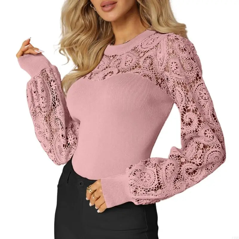 Women's Lace Long-Sleeve Casual T-Shirt, Loose Fit - Product Image 7