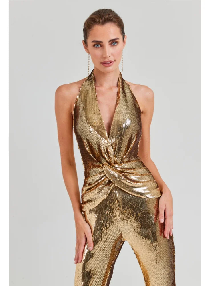 SEGA Official vestoraa ins sexy glitter sequins gold bodycon unisex garment - designer metal outfit (USA)