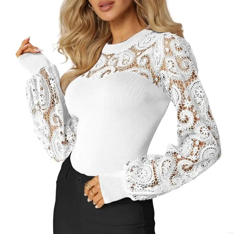 Women's Lace Long-Sleeve Casual T-Shirt, Loose Fit - Product Image 8