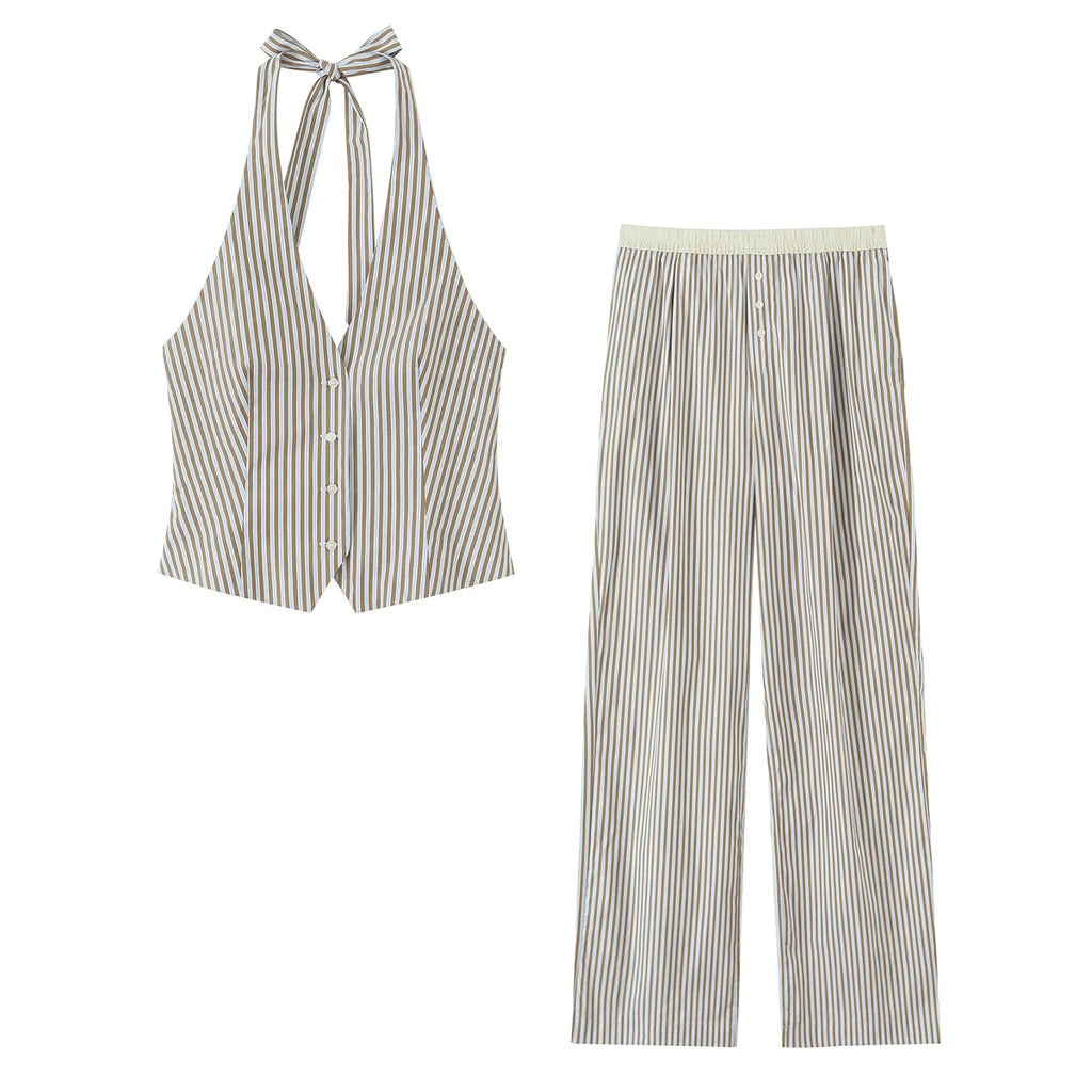 unisex modern outfit vestoraa duoperi piece sets striped halter - daily wear garment with neutral design detail (USA)