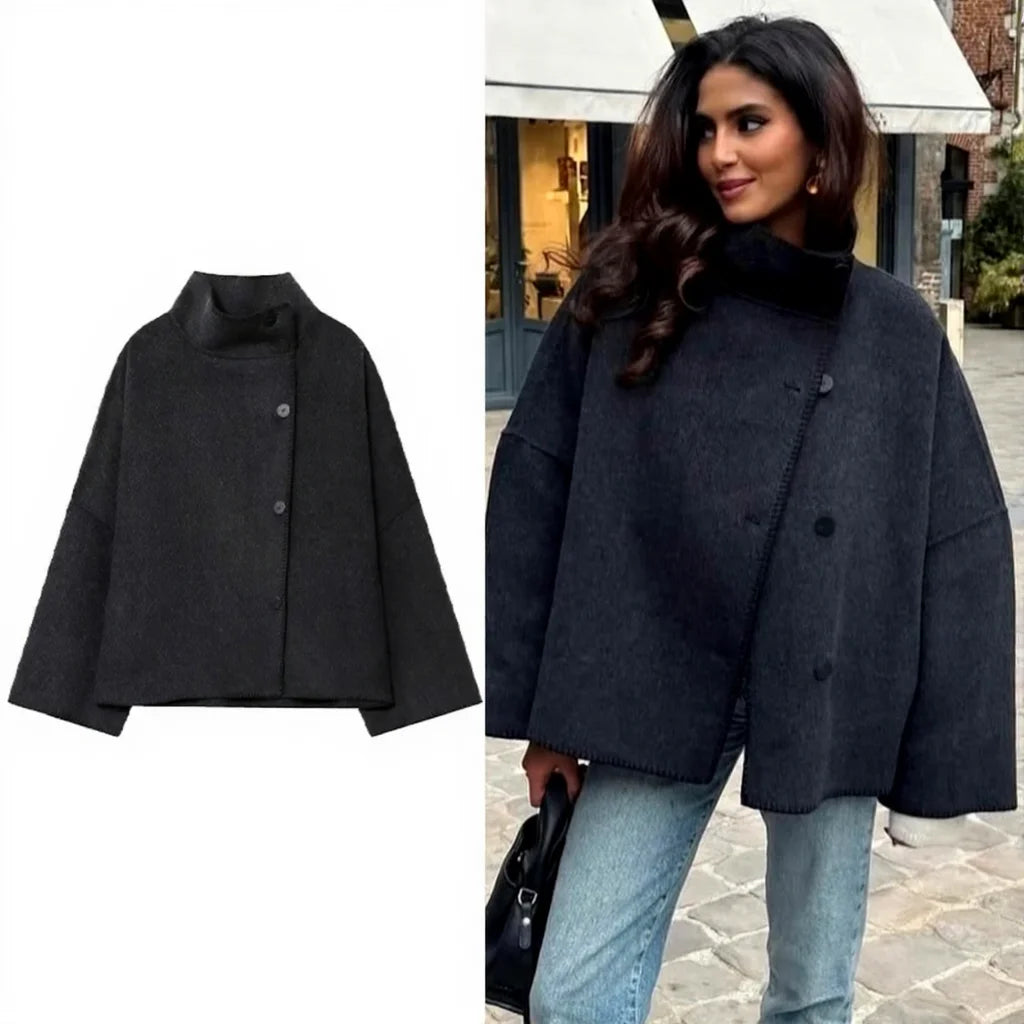 vestoraa wool jacket wide shoulder vintage neck - vintage unisex outfit with precision in neutral metal (USA)