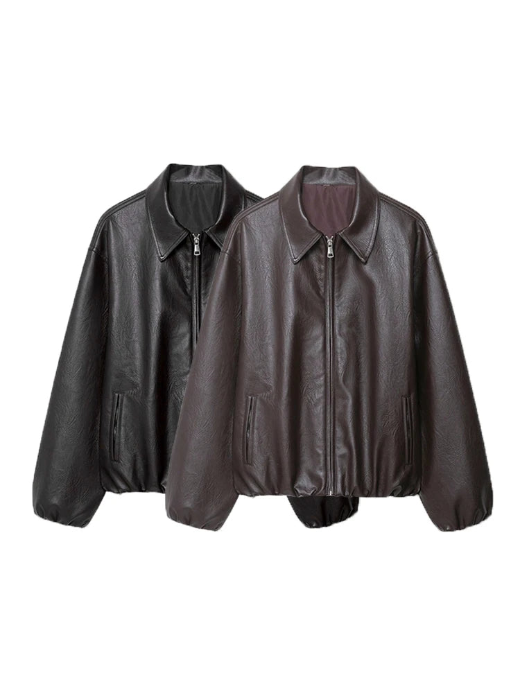 vestoraa 's faux leather bomber jacket long - modern unisex outfit with precision in neutral metal (USA)