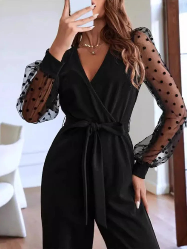 vestoraa v neck lace long sleeve jumpsuit outfit detail - reliable design, precision, waterproof casual design (USA)