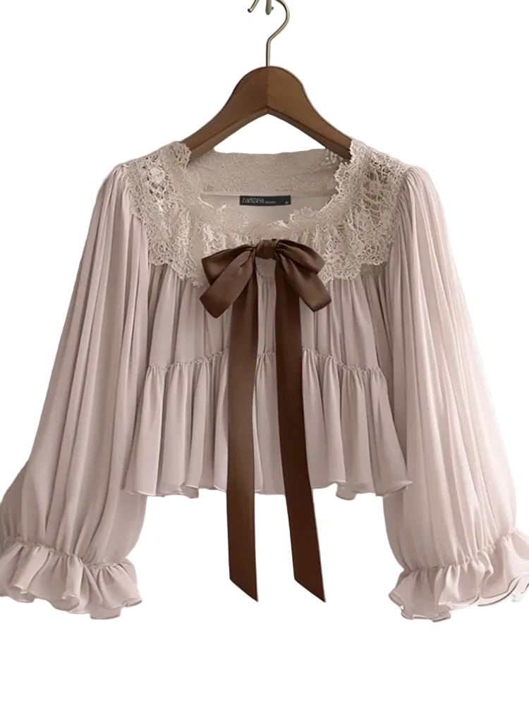 vestoraa zanzea chiffon blouse solid lace tops casual - casual unisex outfit with precision in neutral metal (USA)