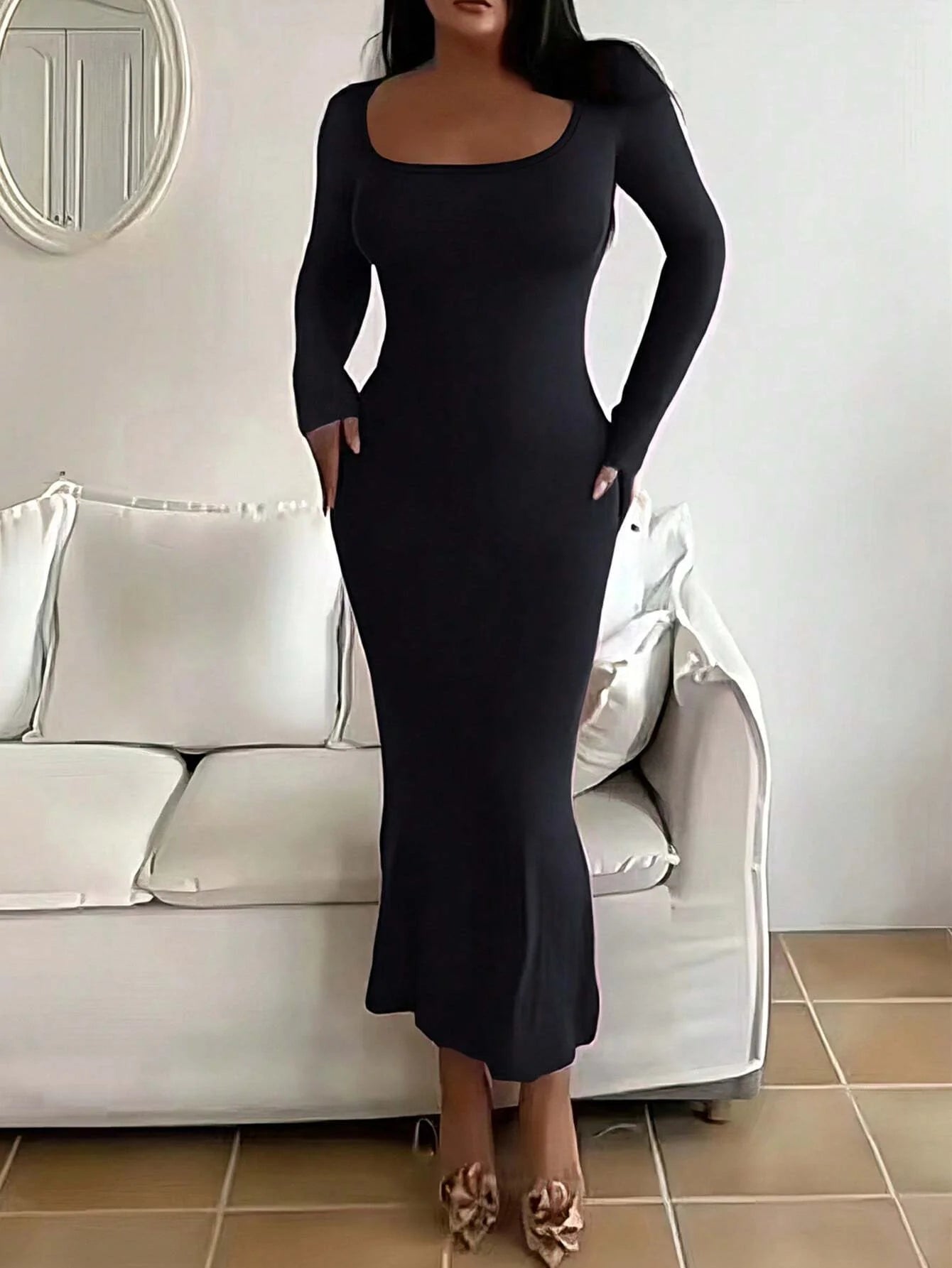 vestoraa 's solid long sleeve bodycon dress, chic outfit detail - reliable design, precision, waterproof dress design (USA)