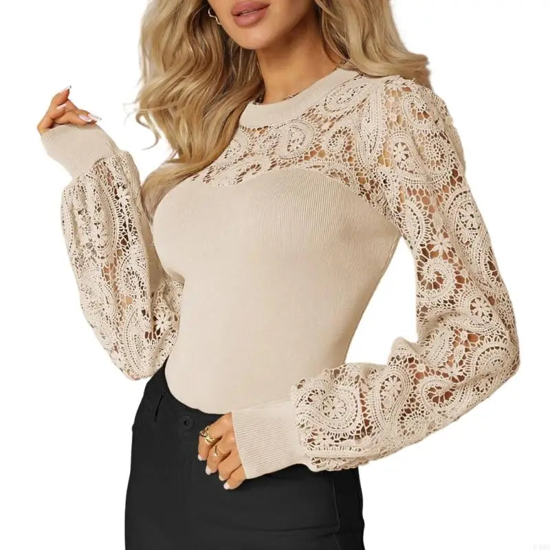 Women's Lace Long-Sleeve Casual T-Shirt, Loose Fit - Product Image 9