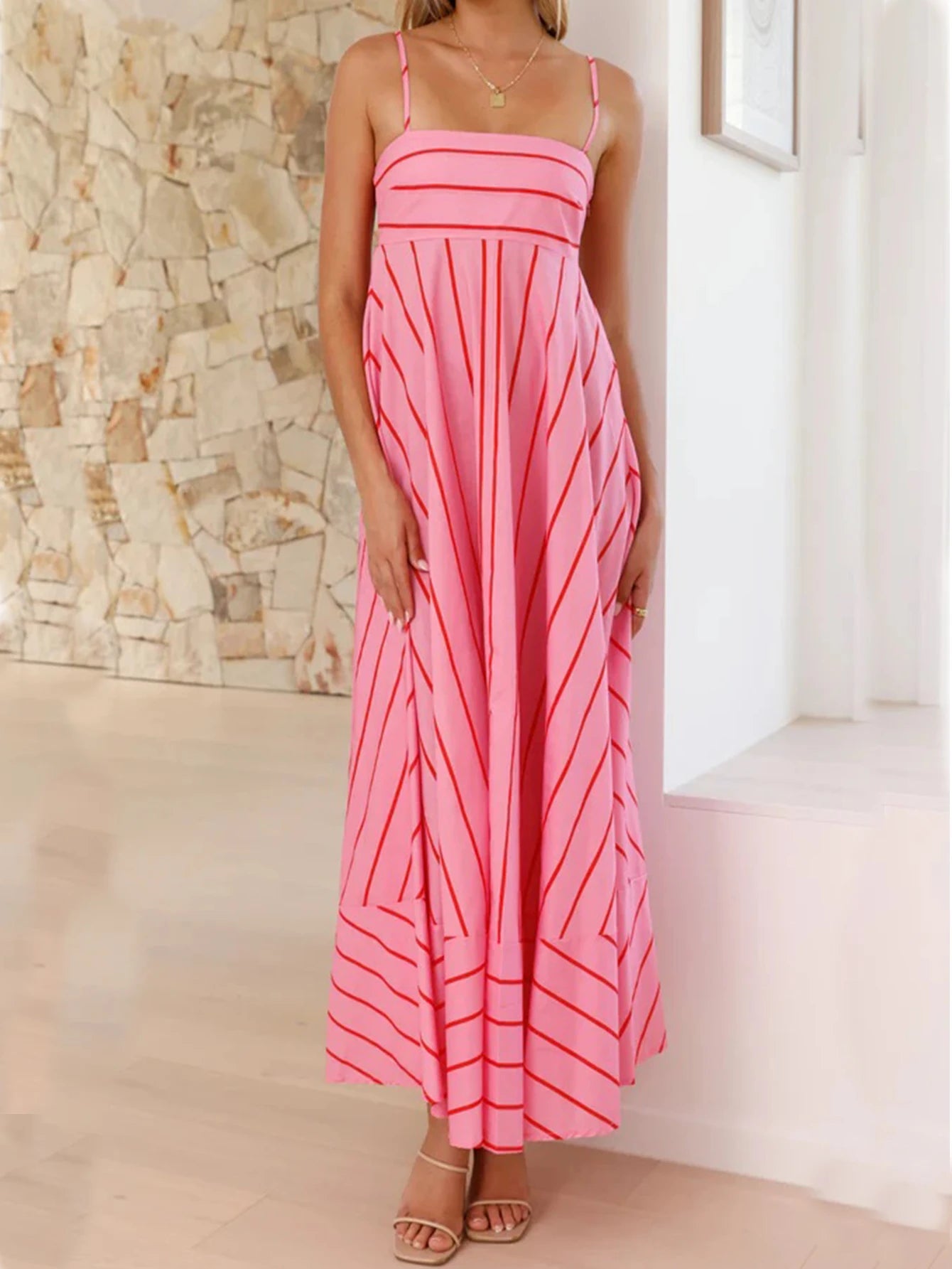 vestoraa sexy suspender printed striped maxi dress - dress unisex outfit with precision in neutral metal (USA)