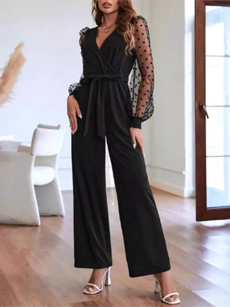 unisex casual outfit vestoraa v neck lace long sleeve jumpsuit - daily wear garment with black design detail (USA)